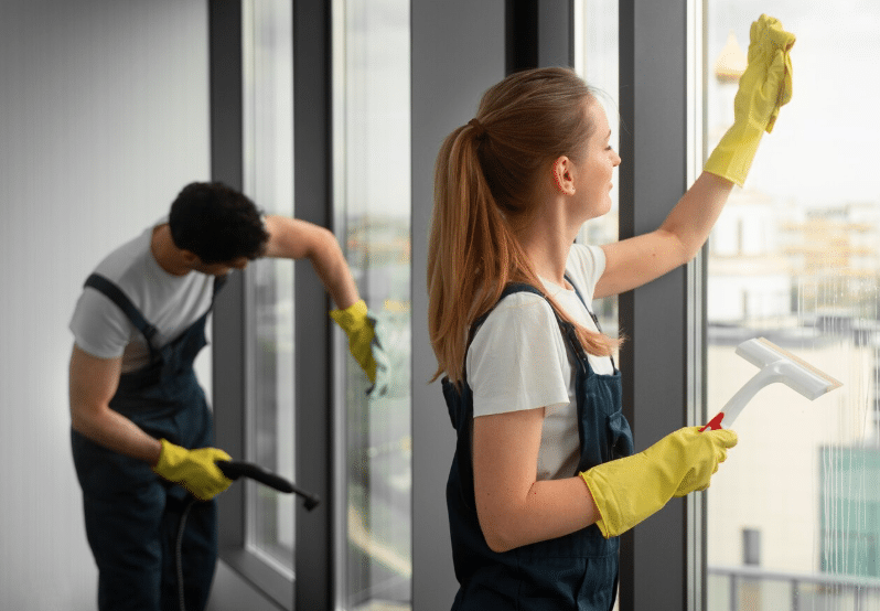 Mand og kvinde g&oslash;re vinduer rene - erhvervsreng&oslash;ring
